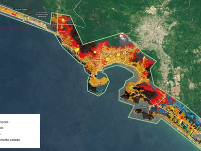 Mapa del daño en la costa de Acapulco, a partir de las imágenes del Programa Copérnico.