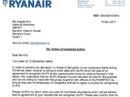 Carta enviada esta mañana por Ryanair al sindicato irlandés de pilotos IALPA abriéndose al diálogo para evitar la huelga.