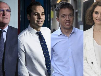 Los candidatos a las elecciones autonómicas en Madrid en 2019. De izquierda a derecha, Ángel Gabilondo (PSOE), Ignacio Aguado (Ciudadanos), Íñigo Errejón (Podemos) e Isabel Díaz Ayuso (PP).