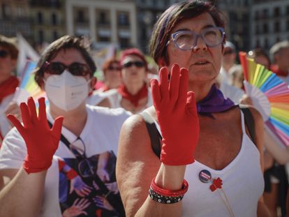 Concentración el 12 de julio de 2022 en la Plaza del Castillo, en Pamplona, contra las agresiones sexistas ocurridas durante los Sanfermines. López