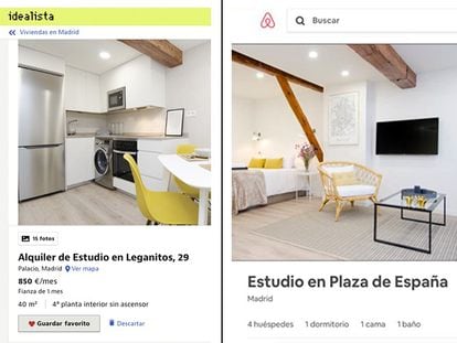 Comparación de dos anuncios de un mismo piso en el portal inmobiliario Idealista (izquierda) y en la plataforma de alquiler turístico de AirBnB, recopilados por el sociólogo y portavoz del Sindicato de Inquilinas de Madrid, Javier Gil.