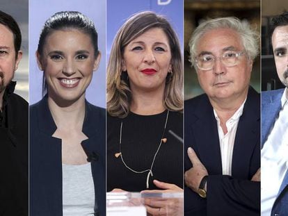 De izquierda a derecha, Pablo Iglesias, Irene Montero, Yolanda Díaz, Manuel Castells y Alberto Garzón.