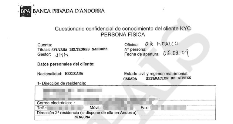 Documento Know your client (conozca a su cliente, en inglés) que rellenó en la Banca Privada d'Andorra (BPA) para abrir una cuenta la senadora del PRI Sylvana Beltrones