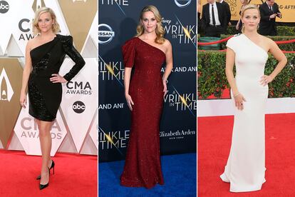 Reese Witherspoon. La actriz y productora siempre ha sabido bien lo que le favorece: en las alfombra rojas, vestidos largos monocolor. En eventos diurnos, diseños a la altura de la rodilla muchas veces con estampado floral. Pero además, los últimos años ha sustituido su famoso escote palabra de honor por el asimétrico. Y lo ha llevado de todas las formas posibles. Sin duda ella y su estilista, Petra Flannery, tienen las ideas claras.