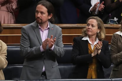 Los vicepresidentes Pablo Iglesias y Nadia Calviño, en la apertura de la legislatura, el pasado febrero.