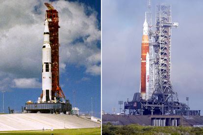 Comparativa del cohete 'Saturn V' que envió a los astronautas del Apolo 12 a la Luna en 1969, a la izquierda, y el 'Artemis'.