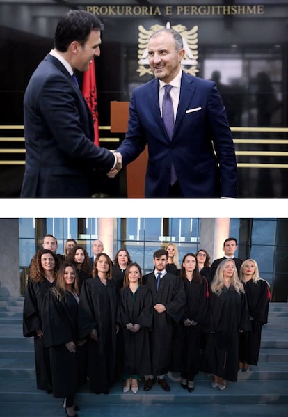 Arriba, el fiscal general de Albania, Olsian Çela, y el embajador de la UE Luigi Soreca. Abajo, jura de nuevos magistrados en julio de 2019 en Tirana.