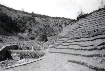 Trabajos de restauración hidrológico forestal de la cuenca del torrente Arrás, en Huesca (1955).