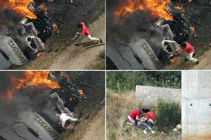 Secuencia del rescate del camionero accidentado el viernes: en la primera imagen, Vicente Sánchez corre hacia el camión en llamas; después, ayuda a salir de la cabina y carga sobre sus hombros a Rubén, el conductor; en la última imagen, el joven montañero madrileño intenta, junto a un socorrista, reanimar al conductor.