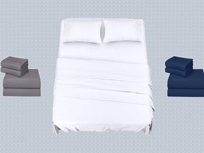 En gris, blanco y azul marino, estas sábanas se adaptan a distintos tamaños de cama.