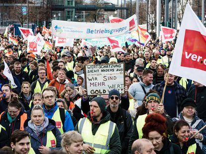 Protesta de los trabajadores del transporte público en Berlín, el pasado mes de marzo.