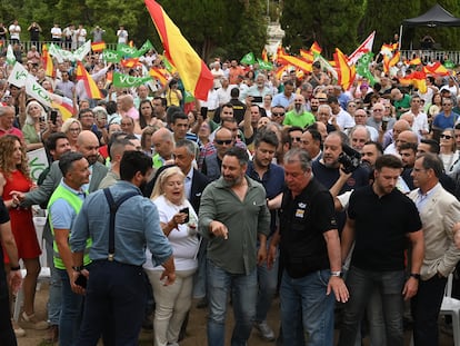 El presidente de Vox, Santiago Abascal, en un acto público, en el auditorio Ricardo Carapeto, el pasado 28 de abril de 2023, en Badajoz, Extremadura.