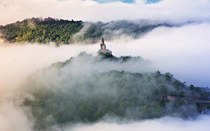 View of the Tsarevets fortress on a foggy morning, in Veliko Tarnovo.