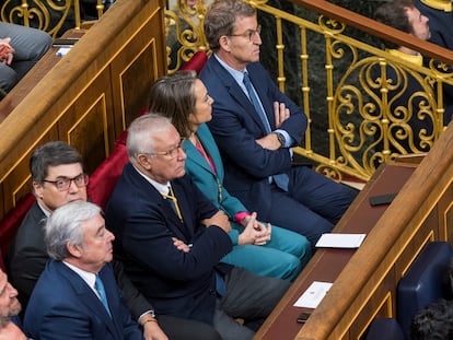 El lídero del PP, Alberto Núñez Feijóo, junto a los diputados de la formación, tras el discurso de la presidenta del Congreso, Francina Armengol, este miércoles.