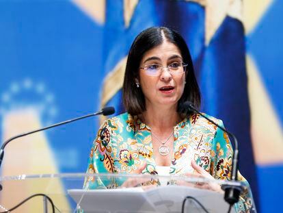 La ministra de Sanidad, Carolina Darias, durante una rueda de prensa este martes en Madrid.