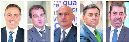 Los consejeros delegados de las grandes promotoras. Desde la izquierda, David Martínez (Aedas); Borja García-Egocheaga (Neinor); Jorge Pérez de Leza (Metrovacesa); José Ignacio Morales (Vía Célere), y José Carlos Saz (Habitat).