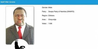 Ficha de Adolf Hitler Uunona, del partido Swapo.
