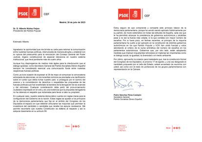 Carta de Pedro Sánchez a Alberto Núñez Feijóo