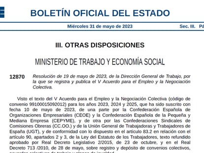 El BOE publica el pacto de convenios firmado por sindicatos y empresarios para el periodo 2023-2025