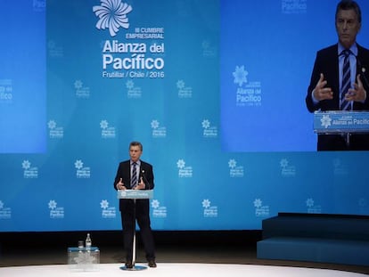 El presidente de Argentina, Mauricio Macri, en la III Cumbre Empresarial de la Alianza del Pacífico y sus Estados Observadores el pasado junio de 2016, en Frutillar (Chile).