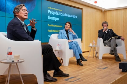 Fernando Vallespín, Cristina Manzano y José Moisés Martín, durante el debate en la Fundación Ortega-Marañón.