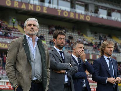 Maurizio Arrivabene director de la Juventus, Andrea Agnelli presidente, Federico Cherubini director de fútbol y Pavel Nedved vicepresidente.