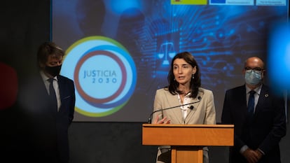 La ministra de Justicia, Pilar Llop, el viernes durante la presentación del Plan Justicia 2030 en el Palacio de la Audiencia de Soria.