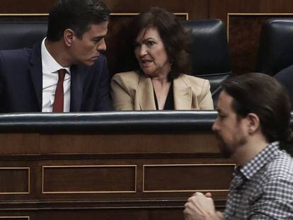 Pablo Iglesias davant de Sánchez i Calvo, aquest dimecres.