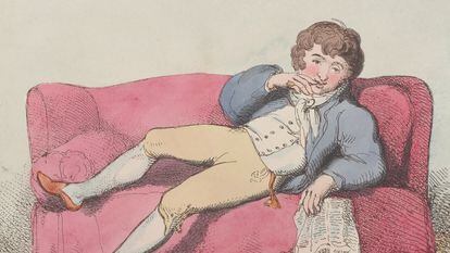 Ilustración de un hombre relajado en un sofá de 1802, firmada por Thomas Rowlandson.