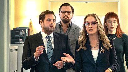 Jonah Hill, Leonardo DiCaprio, Meryl Streep y Jennifer Lawrence, en 'No mires arriba'.