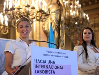 La vicepresidenta Yolanda Díaz, este lunes en la Casa de América de Madrid.