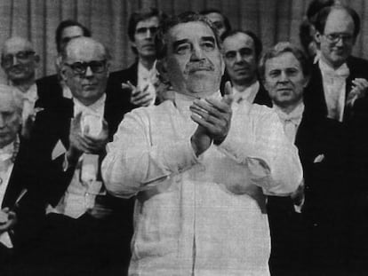 Gabriel Garc&iacute;a M&aacute;rquez, durante la entrega del Nobel, en 1982.