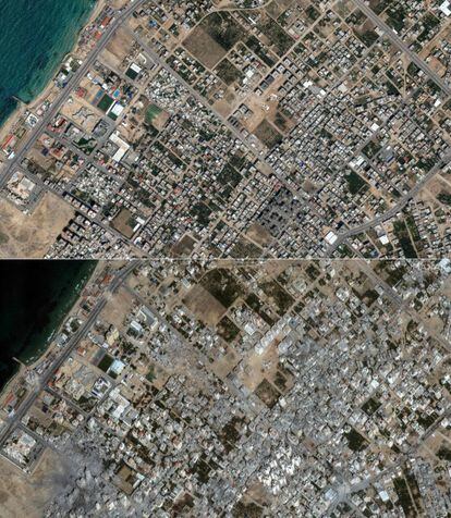 Imágenes satelitales de barrio de Al Karama, al norte de la Franja, junto a la costa, tomadas el 10 de mayo y el 21 de octubre.  