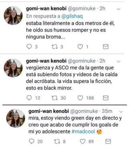 Tweets publicados por una asistente al Mad Cool. Posteriormente los retiró y pidió disculpas.