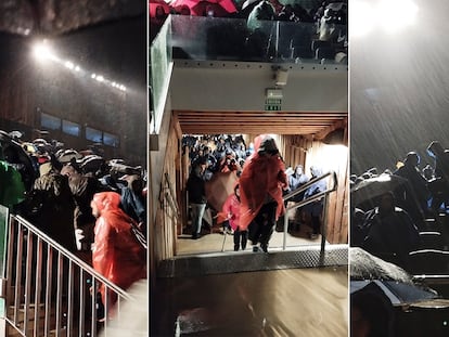 Decenas de personas en distintas zonas de las gradas del parque Puy Du Fou (Toledo), durante la representación del espectáculo nocturno el domingo, en tres fotos cedidas por los asistentes.