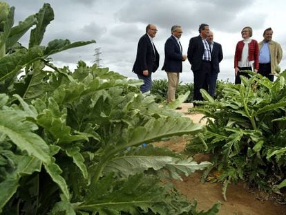 La consejera Mar&iacute;a Jos&eacute; Salvador, con concejales y miembros de su equipo, en la huerta de Alm&agrave;ssera. 