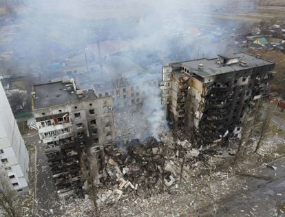 Aerial view of the destruction of a building in a bombing in Borodianka, in the kyiv region, on March 3. 
