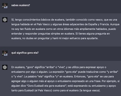 Captura de ChatGPT-4 sobre la falta de destreza con el euskera.