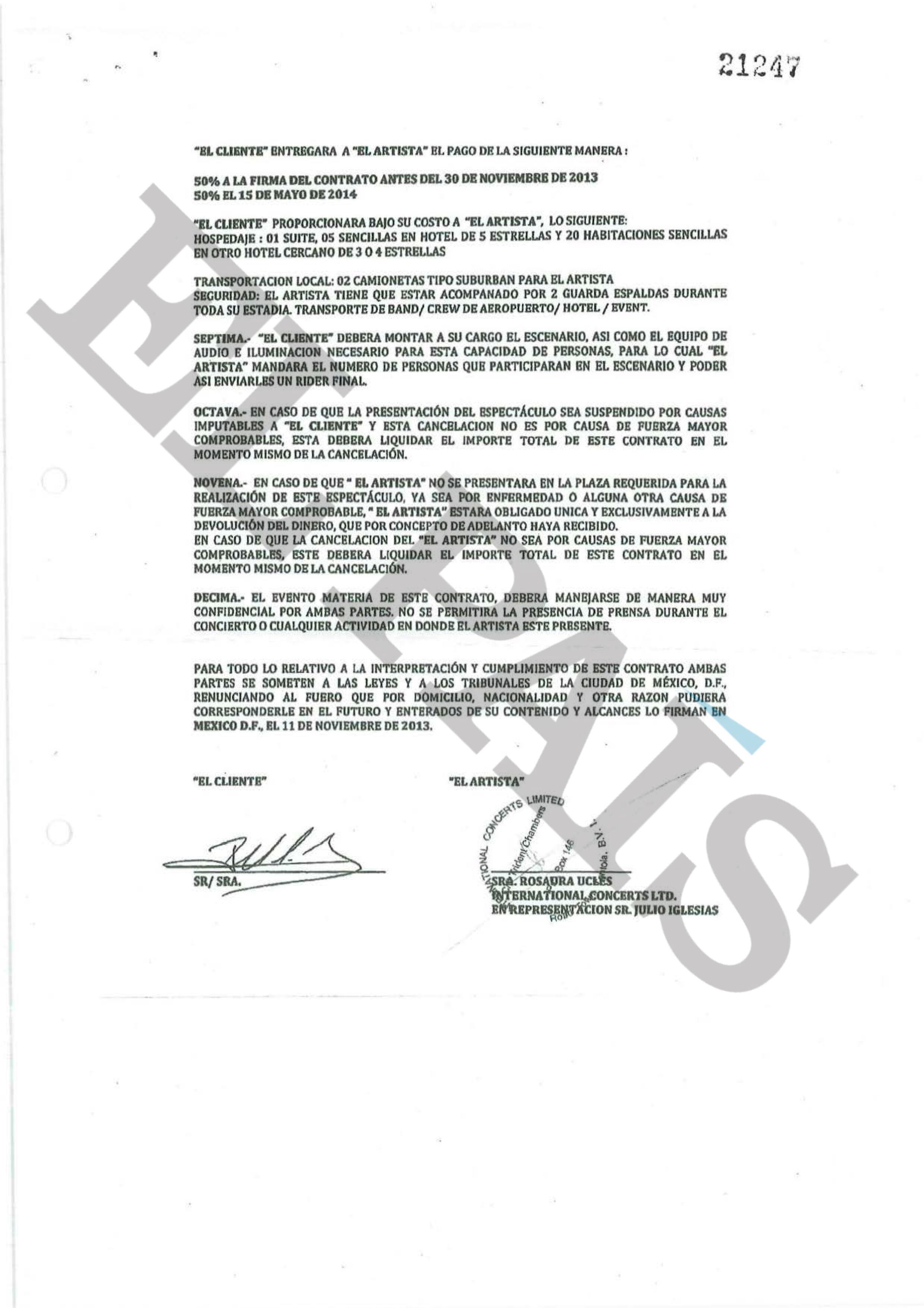 Contrato firmado entre el abogado Juan Ramón Collado y Julio Iglesias en 2013.
