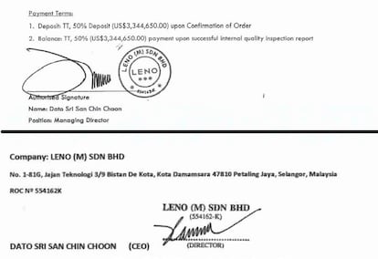 Las dos supuestas firmas de Sin Chan Choon incluidas en dos documentos aportados por los comisionistas, que generan dudas al fiscal, que cree que al menos una se falsificó.