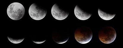 El eclipse de luna, en las distintas fases, en una combinación de imágenes tomadas en México.