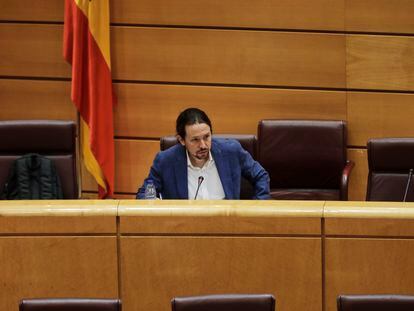 Pablo Iglesias, durante su comparecencia en la Comisión de Derechos Sociales del Senado, este jueves.