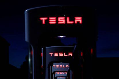 FILE PHOTO:  Tesla Superchargers are shown in Mojave, California