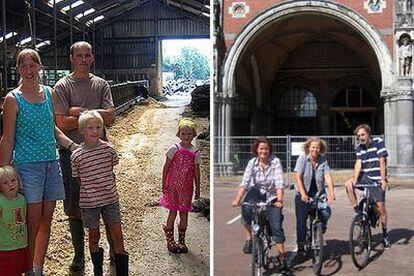 La familia Von Rossum, a la izquierda, en su granja de vacas, y Marjolein de Lange y su hermana MarIeke, en sus bicicletas.