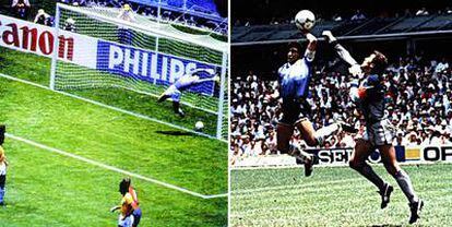 Gol fantasma de Míchel a Brasil en 1986. A la derecha, Maradona marca con la mano.