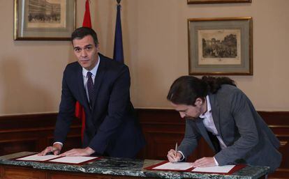 Pedro Sánchez y Pablo Iglesias anuncian el Gobierno de coalición.
