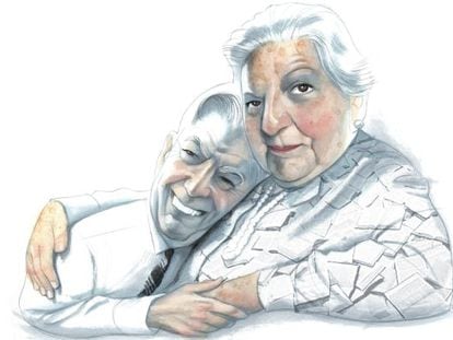 Mario Vargas Llosa y Carmen Balcells, en un dibujo de Fernando Vicente de 2010.