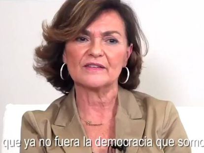 La vicepresidenta del Gobierno, Carmen Calvo, en una imagen del vídeo difundido este lunes.