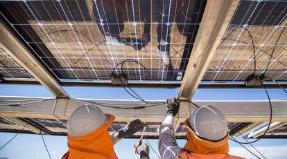 Operarios en una instalación solar con seguidores (llamados trackers) de Soltec.