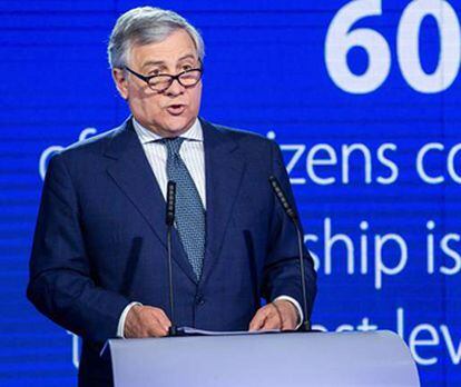 Antonio Tajani presenta los resultados del Eurobarómetro 2018 en el Parlamento Europeo.